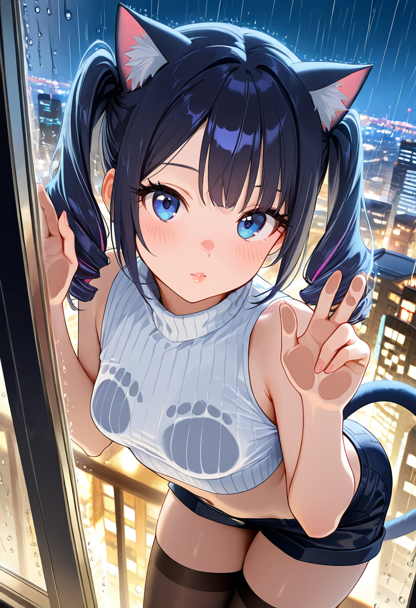 猫耳・夜景窓辺